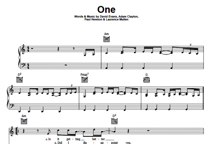 U2 One Free Sheet Music PDF For Piano The Piano Notes