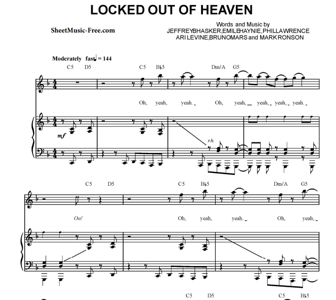 Bruno Mars - Locked Out Of Heaven Free Sheet Music PDF for Piano 2 Bruno Mars Locked Out Of Heaven 1