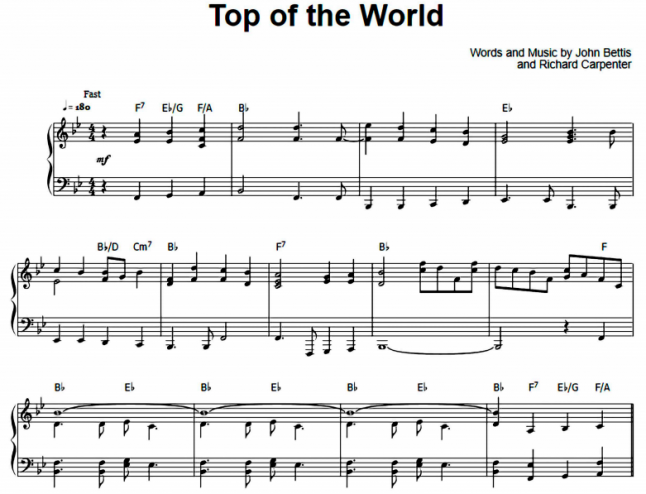 top of the world carpenters piano sheet music