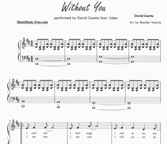 David Guetta feat Usher - Without You Free Sheet Music PDF for Piano ...