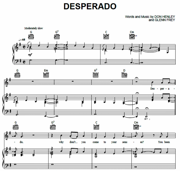 The Eagles Desperado Sheet Music Notes, Chords