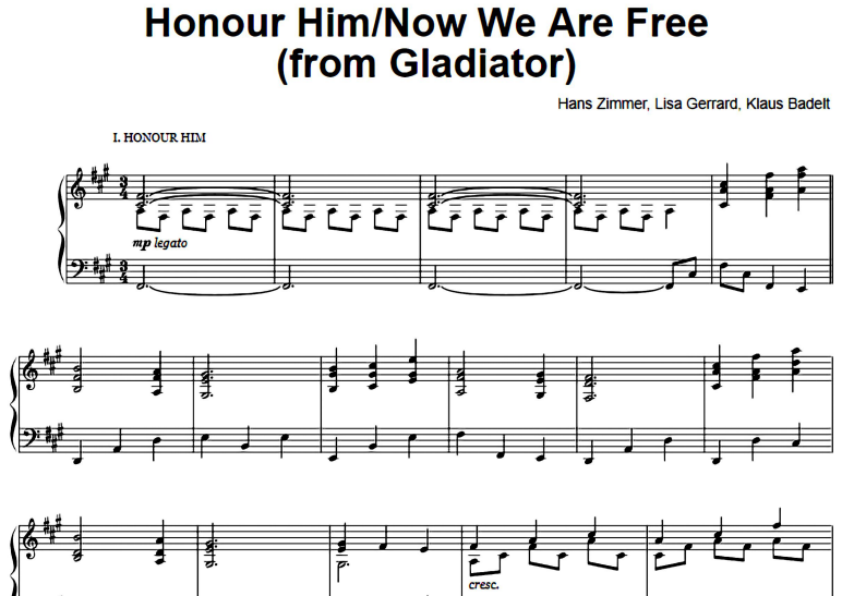 now we are free honor him piano version gladiator