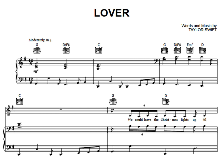 Taylor Swift Lover Free Sheet Music Pdf For Piano The Piano Notes 3231