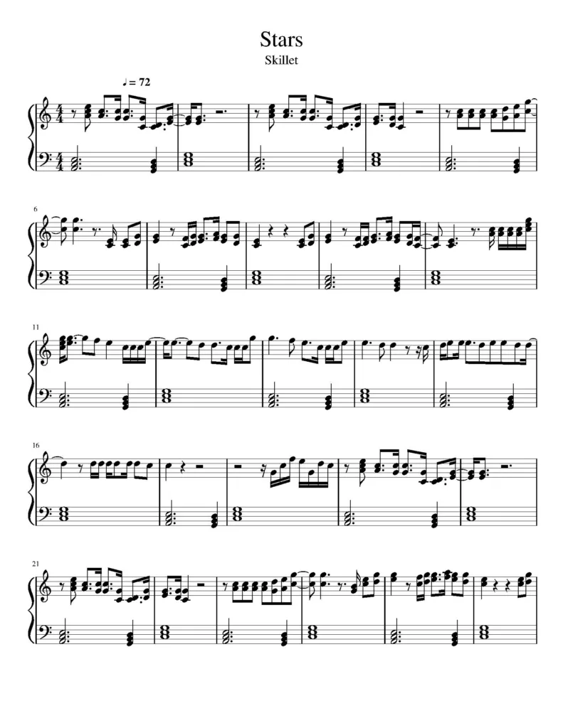 Stars - Skillet Piano Sheet Music PDF | The Piano Notes